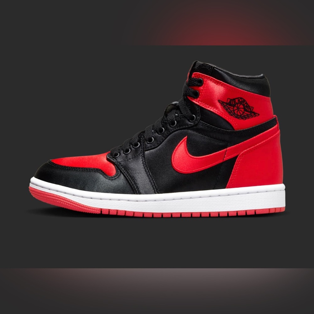 Women’s rare Black & Red Air Jordan 1s Satin. BRAND NEW WITH BOX
